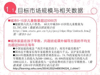 目标市场规模与相关数据1.1
城市0-15岁儿童数量超过5000万
根据第六次人口普查， 60大中城市0-15岁的儿童数量为
53,787,658（数据来自国家统计局
http://www.stats.gov.cn/tjsj/pcsj/rkpc/6rp/indexch.htm之
第一部分3-1a）
城市家庭在孩子早教、兴趣班或课外辅导方面的平均支
出超过5000元每年
中国家庭的观念“再苦不能苦孩子，再穷不能穷教育”
国内近半数家长每年家庭教育支出超六千元，京沪家长最舍得
2014年搜狐教育年度消费者调查显示，74.7%的家庭每月在孩子
早期教育上的投入为500-1000元，10.09%的家庭每月的投入在
1000元以上。家长愿意投入一定的花费对孩子进行早期教育。(数
据来源《2014年中国教育行业白皮书》
http://learning.sohu.com/20141202/n406594224_1.shtml )
 