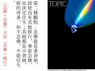 第二種觀點：念佛就是多善根，即使沒有其他修行，專依念佛，也決定往生；其餘都是少善根，修的再多，如不念佛，不能往生。 （念佛＋念佛）大於（念佛＋餘行） 