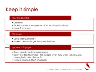A FLEXIBLE TEAM OF COMMERCIALLY SAVVY GEEKS
Keep it simple
• Credible
• Expert nuclear spokesperson from industry & business
• Local & overseas
RIGHT leadership
• Keep short & stick to it
• Make it personal – get into peoples lives
Messages
• Keep people to date on progress
• Don’t get too technical – tell people what they want to know, use
analogies to describe facts
• Once engaged, STAY engaged
Update & Engage
 