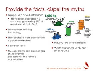 A FLEXIBLE TEAM OF COMMERCIALLY SAVVY GEEKS
 Industry safety comparisons
 Waste managed safely and
small volume
 Proven, safe & well established
 439 reactors operable in 31
countries, generating 11% of
world electricity in 2013.
 Low carbon emitting
technology
 Provides base load electricity to
support renewables
 Radiation facts
 Nuclear plants can be small (eg
SMRs for small
grid systems and remote
communities)
Provide the facts, dispel the myths
 