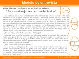 Preparando la Entrevista NM1 (1°medio) Lengua castellana y
Modelo de entrevista
A los 55 años, confiesa la simpática Laura Osses:
“Este es el mejor trabajo que he tenido”
La señora Laura Osses, más conocida como la tía del kiosco del colegio, lleva casi ocho años
atendiendo a los enérgicos alumnos del colegio La Araucana, quienes en cada recreo se
vuelcan sobre su pequeño negocio para comprar los dulces, los jugos o los sándwichs que les
devolverán las energías gastadas durante las intensas horas de clases. La señora Laura los
atiende con su característica sonrisa y una amabilidad y eficiencia a prueba de impacientes. Una
tarde, poco antes de retirarse a su casa a descansar, nos confiesa que le gustan mucho los
niños “yo sólo tengo uno, pero vive muy lejos, en otra ciudad, así es que no puedo verlo tan
seguido ni a él ni a mis nietos, por eso es que cada vez que los alumnos del colegio vienen a
comprar algo al kiosco, los atiendo como si ellos fueran mis propios nietos”.
- ¿En qué trabajó antes de llegar al kiosco del colegio?
- Antes de tener a mi hijo, trabajé en una fábrica de zapatos artesanales. Claro que yo no
hacía los zapatos. Lo que hacía era ponerles las etiquetas y luego empaquetarlos en sus
cajas. Después tuve a mi hijo y no trabajé hasta que él cumplió los cinco años, desde
entonces he trabajado en colegios, primero en la cocina y ahora en el kiosco, pero de todos,
este es el mejor trabajo que he tenido.
- ¿Qué hace cuando no está en el kiosco?
- En la semana, por lo general llego a mi casa donde está esperándome mi esposo, mis
plantas y mis animalitos, tengo dos gatitas y un perro regalón. Pero los días viernes o los
sábados con Carlos, mi esposo, salimos a comer y luego a bailar a una tanguería. Y en las
vacaciones, que me duran lo mismo que a los alumnos del colegio, me voy a visitar a mi hijo
que vive en Puerto Montt.
Título
Entrada
o lead
Pregunta
y
respuesta
 