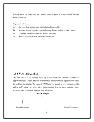 housing sector by integrating the housing finance sector with the overall domestic
financial markets.


Organizational Goals:-
a)      Develop close relationships with individual households
b)      Maintain its position as the premier housing finance institution in the country
c)      Transform ideas into viable and creative solutions
d)      Provide consistently high returns to shareholders




1.9 SWOT ANALYSIS
The term SWOT is the acronym made up of four words viz, Strengths, Weaknesses,
opportunities and Threats. The first two variables are internal to an organization whereas
the last two are external. The value of SWOT analysis cannot be over emphasized. It is
rightly said” winners recognize their limitations but focus on their strengths; losers
recognize their strength but focus on their limitations.”
                                SWOT Analysis


            __________________________________________________________________




     Internal Environment                                              External Environment


                                             28
 
