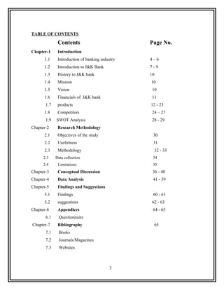 TABLE OF CONTENTS

              Contents                           Page No.
Chapter-1     Introduction
      1.1     Introduction of banking industry   4–6
      1.2     Introduction to J&K Bank           7-9
      1.3     History to J&K bank                10
      1.4     Mission                            10
      1.5     Vision                              10
      1.6     Financials of J&K bank              11
       1.7    products                           12 - 23
      1.8     Competitors                         24 – 27
       1.9   SWOT Analysis                        28 - 29
Chapter-2     Research Methodology
      2.1     Objectives of the study             30
      2.2     Usefulness                          31
      2.3     Methodology                          32 - 33
      2.3    Data collection                      34
      2.4     Limitations                         35
Chapter-3     Conceptual Discussion               36 - 40
Chapter-4     Data Analysis                       41 - 59
Chapter-5     Findings and Suggestions
      5.1     Findings                            60 - 61
      5.2     suggestions                         62 - 63
Chapter-6     Appendices                          64 - 65
       6.1     Questionnaire
Chapter-7     Bibliography                         65
       7.1     Books
       7.2     Journals/Magazines
       7.3     Websites



                                          3
 