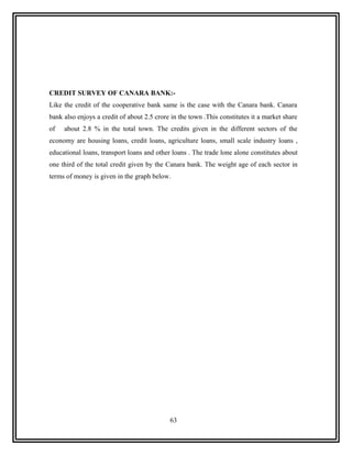 CREDIT SURVEY OF CANARA BANK:-
Like the credit of the cooperative bank same is the case with the Canara bank. Canara
bank also enjoys a credit of about 2.5 crore in the town .This constitutes it a market share
of   about 2.8 % in the total town. The credits given in the different sectors of the
economy are housing loans, credit loans, agriculture loans, small scale industry loans ,
educational loans, transport loans and other loans . The trade lone alone constitutes about
one third of the total credit given by the Canara bank. The weight age of each sector in
terms of money is given in the graph below.




                                            63
 