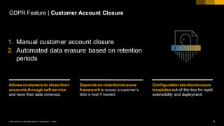 15PUBLIC© 2017 SAP SE or an SAP affiliate company. All rights reserved. ǀ
Allows customers to close their
accounts through self-service
and have their data removed.
Depends on retention/erasure
framework to ensure a customer’s
data is kept if needed.
Configurable retention/erasure
templates out-of-the-box for rapid
extensibility and deployment.
1. Manual customer account closure
2. Automated data erasure based on retention
periods
GDPR Feature | Customer Account Closure
 