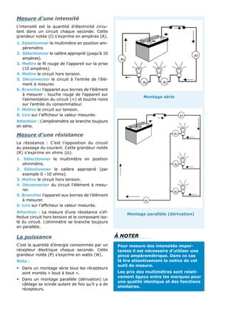 Mesure d’une intensité
L’intensité est la quantité d’électricité circu-
lant dans un circuit chaque seconde. Cette
grandeur notée (I) s’exprime en ampères (A).
1. Sélectionner le multimètre en position am-
pèremètre.
2.	Sélectionner le calibre approprié (jusqu’à 10
ampères).
3. Mettre le fil rouge de l’appareil sur la prise
(10 ampères).
4. Mettre le circuit hors tension.
5. Déconnecter le circuit à l’entrée de l’élé-
ment à mesurer.
6. Brancher l’appareil aux bornes de l’élément
à mesurer : touche rouge de l’appareil sur
l’alimentation du circuit (+) et touche noire
sur l’entrée du consommateur.
7. Mettre le circuit sur tension.
8. Lire sur l’afficheur la valeur mesurée.
Attention : L’ampèremètre se branche toujours
en série.
Mesure d’une résistance
La résistance  : C’est l’opposition du circuit
au passage du courant. Cette grandeur notée
(R) s’exprime en ohms (W).
1. Sélectionner le multimètre en position
ohmmètre.
2. Sélectionner le calibre approprié (par
exemple 0 –10 ohms).
3. Mettre le circuit hors tension.
4. Déconnecter du circuit l’élément à mesu-
rer.
5. Brancher l’appareil aux bornes de l’élément
à mesurer.
6. Lire sur l’afficheur la valeur mesurée.
Attention : La mesure d’une résistance s’ef-
fectue circuit hors tension et le composant iso-
lé du circuit. L’ohmmètre se branche toujours
en parallèle.
La puissance
C’est la quantité d’énergie consommée par un
récepteur électrique chaque seconde. Cette
grandeur notée (P) s’exprime en watts (W).
Nota :
>
> Dans un montage série tous les récepteurs
sont montés « bout à bout ».
>
> Dans un montage parallèle (dérivation) Le
câblage se scinde autant de fois qu’il y a de
récepteurs.
Pour mesure des intensités impor-
tantes il est nécessaire d’utiliser une
pince ampèremétrique. Dans ce cas
là lire attentivement la notice de cet
outil de mesure.
Les prix des multimètres sont relati-
vement égaux entre les marques pour
une qualité identique et des fonctions
similaires.
À NOTER
AT
A3
A2
A1
AT
A2 A1
A3
AT
Montage série
Montage parallèle (dérivation)
 