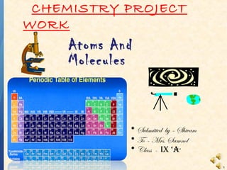 CHEMISTRY PROJECT
WORK

Atoms And
Molecules

• Submitted by – Shivam
• To – Mrs. Samnol
• Class - IX ‘A’
1

 