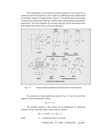 The computation of axial load and moment capacity of the section for an
assumed position of neutral axis can be made by establish the strain profile based
on the failure criteria of column section. Figure 3.1 (a) and (b) shows the position
of neutral axis outside and within the section and the corresponding strain profiles
respectively. The stress diagrams for concrete and steel can be determined from
their design stress-strain curves as shown in the figure.
Fig. 3.1 Section under combined axial load and uni-axial moment
For neutral axis lying outside the section (Fig. 3.1 (a)), the axial load
capacity can be determined as follows.
Pu = Cc + Cs
The moment capacity of the section can be determined by taking the
moment of forces about the centre of the section as follows.
Mu = Cc (0.5D – yc) + ∑ Csi ysi
where Cc = compressive force in concrete
= 0.446𝑓𝑐𝑘 𝐵𝐷 −
𝑔
3
×
4
7
𝐵𝐷 = 0.446𝑓𝑐𝑘 𝐵𝐷 −
4
21
𝑔 𝐵𝐷
 