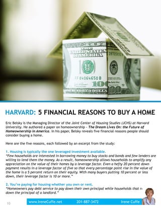 10
HARVARD: 5 FINANCIAL REASONS TO BUY A HOME
Eric Belsky is the Managing Director of the Joint Center of Housing Studies (JCHS) at Harvard
University. He authored a paper on homeownership - The Dream Lives On: the Future of
Homeownership in America. In his paper, Belsky reveals five financial reasons people should
consider buying a home.
Here are the five reasons, each followed by an excerpt from the study:
1. Housing is typically the one leveraged investment available.
“Few households are interested in borrowing money to buy stocks and bonds and few lenders are
willing to lend them the money. As a result, homeownership allows households to amplify any
appreciation on the value of their homes by a leverage factor. Even a hefty 20 percent down
payment results in a leverage factor of five so that every percentage point rise in the value of
the home is a 5 percent return on their equity. With many buyers putting 10 percent or less
down, their leverage factor is 10 or more.”
2. You’re paying for housing whether you own or rent.
“Homeowners pay debt service to pay down their own principal while households that rent pay
down the principal of a landlord.”
www.IreneCuffe.net 201-887-3472 Irene Cuffe10
 