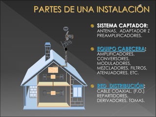 •40




   SISTEMA CAPTADOR:
    ANTENAS, ADAPTADOR Z
    PREAMPLIFICADORES.


   EQUIPO CABECERA:
    AMPLIFICADORES,
    CONVERSORES,
    MODULADORES,
    MEZCLADORES, FILTROS,
    ATENUADORES, ETC.


   RED DISTRIBUCIÓN:
    CABLE COAXIAL, (F.O.)
    REPARTIDORES,
    DERIVADORES, TOMAS.
 
