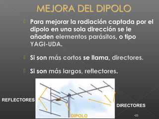    Para mejorar la radiación captada por el
           dipolo en una sola dirección se le
           añaden elementos parásitos, o tipo
           YAGI-UDA.

          Si son más cortos se llama, directores.

          Si son más largos, reflectores.



REFLECTORES
                                         DIRECTORES

                         DIPOLO                •23
 