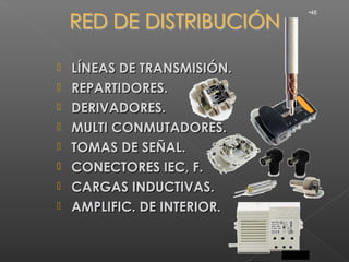 •48




   LÍNEAS DE TRANSMISIÓN.
   REPARTIDORES.
   DERIVADORES.
   MULTI CONMUTADORES.
   TOMAS DE SEÑAL.
   CONECTORES IEC, F.
   CARGAS INDUCTIVAS.
   AMPLIFIC. DE INTERIOR.
 