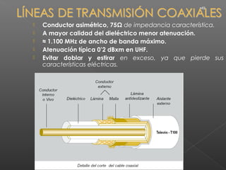 •49



   Conductor asimétrico, 75Ω de impedancia característica.
   A mayor calidad del dieléctrico menor atenuación.
   ≈ 1.100 MHz de ancho de banda máximo.
   Atenuación típica 0’2 dBxm en UHF.
   Evitar doblar y estirar en exceso, ya que pierde sus
    características eléctricas.
 