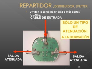    Dividen la señal de RF en 2 o más partes
               IGUALES.
               CABLE DE ENTRADA
                                         SÓLO UN TIPO
                                             DE
                                         ATENUACIÓN:
                                        A LA DERIVACIÓN




 SALIDA                                         SALIDA
ATENUADA                                       ATENUADA

                                                     •53
 
