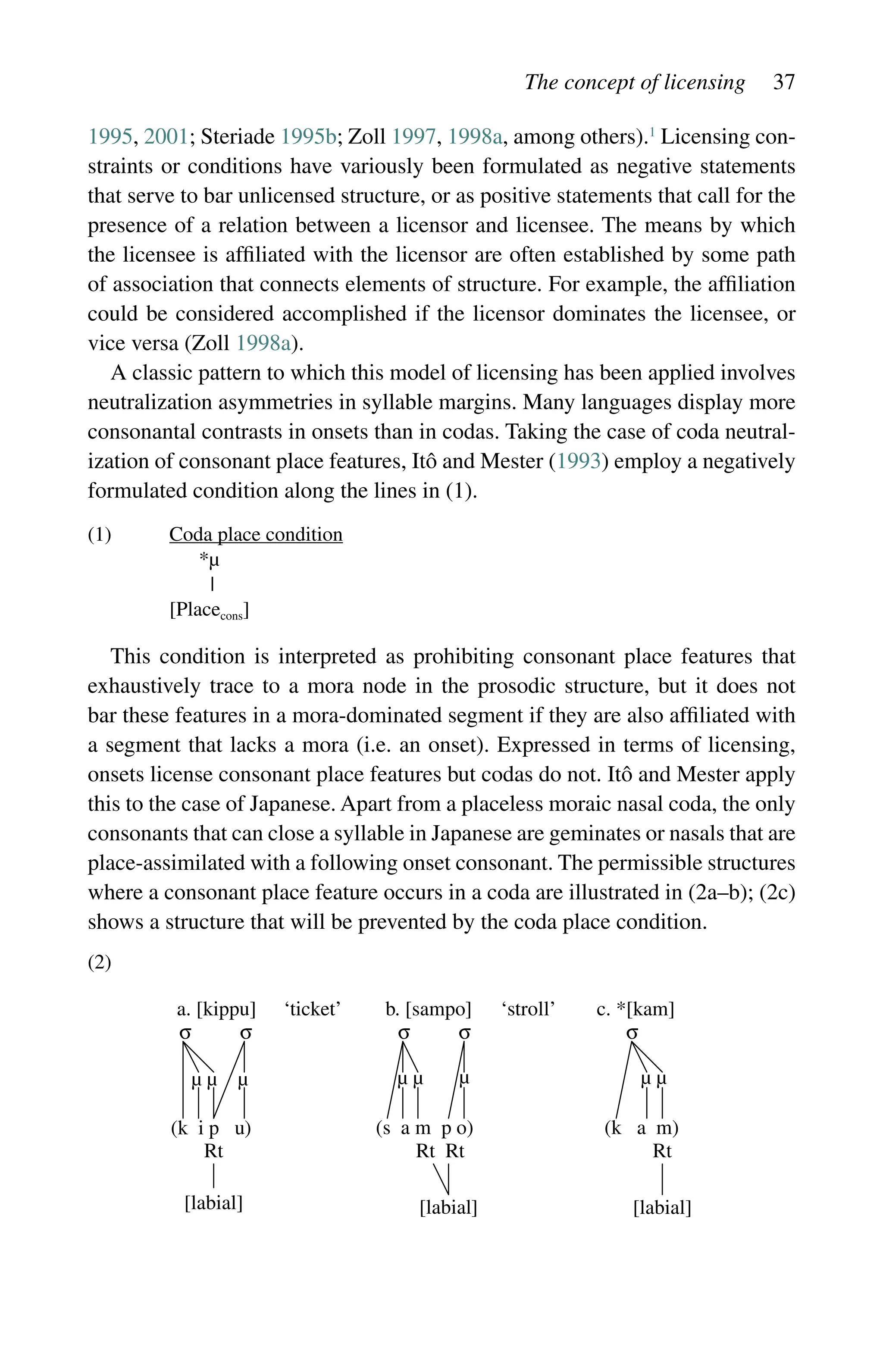 The concept of licensing 37
1995, 2001; Steriade 1995b; Zoll 1997, 1998a, among others).1
Licensing con-
straints or conditions have variously been formulated as negative statements
that serve to bar unlicensed structure, or as positive statements that call for the
presence of a relation between a licensor and licensee. The means by which
the licensee is affiliated with the licensor are often established by some path
of association that connects elements of structure. For example, the affiliation
could be considered accomplished if the licensor dominates the licensee, or
vice versa (Zoll 1998a).
A classic pattern to which this model of licensing has been applied involves
neutralization asymmetries in syllable margins. Many languages display more
consonantal contrasts in onsets than in codas. Taking the case of coda neutral-
ization of consonant place features, Itô and Mester (1993) employ a negatively
formulated condition along the lines in (1).
(1) Coda place condition
*µ
|
[Placecons]
This condition is interpreted as prohibiting consonant place features that
exhaustively trace to a mora node in the prosodic structure, but it does not
bar these features in a mora-dominated segment if they are also affiliated with
a segment that lacks a mora (i.e. an onset). Expressed in terms of licensing,
onsets license consonant place features but codas do not. Itô and Mester apply
this to the case of Japanese. Apart from a placeless moraic nasal coda, the only
consonants that can close a syllable in Japanese are geminates or nasals that are
place-assimilated with a following onset consonant. The permissible structures
where a consonant place feature occurs in a coda are illustrated in (2a–b); (2c)
shows a structure that will be prevented by the coda place condition.
(2)
a. [kippu] ‘ticket’ b. [sampo] ‘stroll’ c. *[kam]
µ µ µ
σ σ σ σ σ
µ µ µ µ µ
(k i p u) (s a m p o) (k a m)
Rt Rt Rt Rt
[labial] [labial] [labial]
 