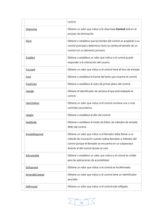 control.
Disposing

Obtiene un valor que indica si la clase base Control está en el
proceso de eliminación.

Dock

Obtiene o establece que los bordes del control se acoplarán a su
control principal y determina cómo se cambia el tamaño de un
control con su elemento primario.

Enabled

Obtiene o establece un valor que indica si el control puede
responder a la interacción del usuario.

Focused

Obtiene un valor que indica si el control tiene el foco de entrada.

Font

Obtiene o establece la fuente del texto que muestra el control.

ForeColor

Obtiene o establece el color de primer plano del control.

Handle

Obtiene el identificador de ventana al que está enlazado el
control.

HasChildren

Obtiene un valor que indica si el control contiene uno o más
controles secundarios.

Height

Obtiene o establece el alto del control.

ImeMode

Obtiene o establece el modo de Editor de métodos de entrada
(IME) del control.

InvokeRequired

Obtiene un valor que indica si el llamador debe llamar a un
método de invocación cuando realiza llamadas a métodos del
control porque el llamador se encuentra en un subproceso
distinto al del control donde se creó.

IsAccessible

Obtiene o establece un valor que indica si el control es visible
para las aplicaciones de accesibilidad.

IsDisposed

Obtiene un valor que indica si el control se ha eliminado.

IsHandleCreated

Obtiene un valor que indica si el control tiene un identificador
asociado.

IsMirrored

Obtiene un valor que indica si el control está reflejado.

35

 