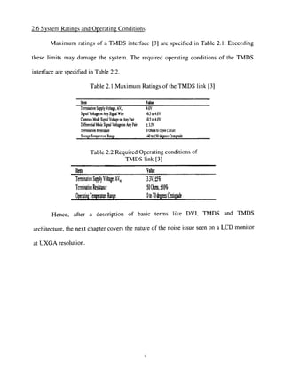 2.6 System Ratings and Operating Conditions
Maximum ratings of a TMDS interface [3] are specified in Table 2.1. Exceeding
these limits may damage the system. The required operating conditions of the TMDS
interface are specified in Table 2.2.
Table 2.1 Maximum Rafings of the TMDS link [3]
Item
Termination Supply Voltage, AVj,
Signal Voltage on Any Signal Wire
Common Mode Signal Voltage on Any Pair
Differential Motle Signal Volt^eon Any Pair
Termination Resistana
StorageTemperature Range
Value
4.0V
•0.5 to 4.0V
-0.5to4.0V
t33V
0 Ohms to Open Cireuit
-40 to 130 degrees Centigrade
Table 2.2 Required Operating conditions of
TMDS link [3]
Ittm Vahe ____,.
Tenranatinn SupplyVoltage, K  3.3V, ii%
TemnatioflResists 50(te,±10%
OperatingTenyeralureRange 0to7()degreesCeniipk
Hence, after a description of basic terms like DVI, TMDS and TMDS
architecture, the next chapter covers the nature of the noise issue seen on a LCD monitor
at UXGA resolution.
 