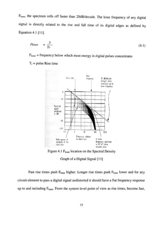 Fknee, the spcctrum rolls off faster than 20dB/decade. The knee frequency of any digital
signal is directly related to the rise and fall time of its digital edges as defined by
Equation 4.1 [11].
Fknee =
Tr
(4.1)
Fknee = frequency below which most energy in digital pulses concentrates
Tr = pulse Rise time
Ctoi'k .'•cic 33 dB/dfcadc
conliMes up lo
ktise rrfqijcnc;
•sps!
5S,3li;ud»
i!! (Iliv
nO;.'.n of '.hi
(."iiMli rnU'
?'t.<ix(:). relalivf
,'.; knee
(r^BWic?: ;xc;ruK
is U ii bdow
slrjijhl sJOK
Figure 4.1 Fknee location on the Spectral Density
Graph of a Digital Signal [11]
Fast rise times push Fknee higher. Longer rise times push Fknee lower and for any
circuit element to pass a digital signal undistorted it should have a flat frequency response
up to and including Fknee- From the system level point of view as rise times, become fast.
15
 