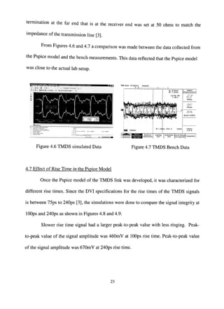 termination at the far end that is at the receiver end was set at 50 ohms to match the
impedance of the transmission line [3].
From Figures 4.6 and 4.7 a comparison was made between the data collected from
the Pspice model and the bench measurements. This data reflected that the Pspice model
was close to the actual lab setup.
Figure 4.6 TMDS simulated Data Figure 4.7 TMDS Bench Data
4.7 Effect of Rise Time in the Pspice Model
Once the Pspice model of the TMDS link was developed, it was characterized for
different rise times. Since the DVI specifications for the rise times of the TMDS signals
is between 75ps to 240ps [3], the simulations were done to compare the signal integrity at
lOOps and 240ps as shown in Figures 4.8 and 4.9.
Slower rise time signal had a larger peak-to-peak value with less ringing. Peak-
to-peak value of the signal amplitude was 460mV at lOOps rise time. Peak-to-peak value
of the signal amplitude was 670mV at 240ps rise time.
23
 