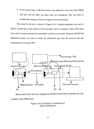 • In the second step, a 100 ohm resistor was soldered to only one of the TMDS
data pair and the other two pairs were left unsoldered. This was done to
compare the integrity of the two signals on the oscilloscope.
The setup for the test is shown in Figure 4.14. A pattern generator was used to
feed in vertical gray scale pattern to the transmitter card. A standard 2 meter DVI cable
was used to connect between the transmitter and the receiver card. Tektronix P6330 [ 16]
differential probe was used to probe the differential pair near the receiver end that
corresponds to test point TP4.
Pattern Generatoj-
Oscilloscope 7104
Oscilloscope Differential Probe P6330
Passilve Probe P6158
TMDS interface DVI cable Flat screen monitor
TX RX
(Recovered Clock- the eye is triggered on the Recovered Clock at the Receiver end
available at the ODCK pin)
Figure 4.14 Lab Setup for Verification of
Source Termination
27
 