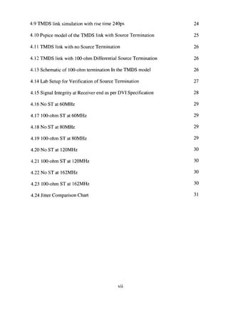 4.9 TMDS link simulation with rise time 240ps 24
4.10 Pspice model of the TMDS link with Source Termination 25
4.11 TMDS link with no Source Termination 26
4.12 TMDS link with 100-ohm Differential Source Termination 26
4.13 Schematic of 100-ohm termination In the TMDS model 26
4.14 Lab Setup for Verification of Source Termination 27
4.15 Signal Integrity at Receiver end as per DVI Specification 28
4.16NoSTat60MHz 29
4.17 100-ohm ST at 60MHz 29
4.18 No ST at 80MHz 29
4.19100-ohm ST at 80MHz 29
4.20 No ST at 120MHz 30
4.21 100-ohm ST at 120MHz 30
4.22 No ST at 162MHz 30
4.23 100-ohm ST at 162MHz 30
4.24 Jitter Comparison Chart 31
Vll
 