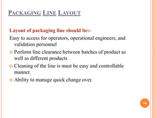 PACKAGING LINE LAYOUT
Layout of packaging line should be:-
Easy to access for operators, operational engineers, and
validation personnel
 Perform line clearance between batches of product as
well as different products
 Cleaning of the line is must be easy and controllable
manner.
 Ability to manage quick change over.
14
 