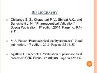 BIBLIOGRAPHY
1) Chitlange S. S., Chaudhari P. V., Shirsat A.K., and
Sangshetti J. N., “Pharmaceutical Validation”,
Suyog Publication, 1st edition,2014, Page no. 9.1-
9.11.
2) M.A. Potdar “Pharmaceutical quality assurance”, Nirali
publication, 4 rd edition, 2015, Page no.8.31-8.38
3) Agallow J., Frederick J., “Validation of pharmaceutical
processes” CRC Press, 3 rd edition, Page no.429-442
32
 