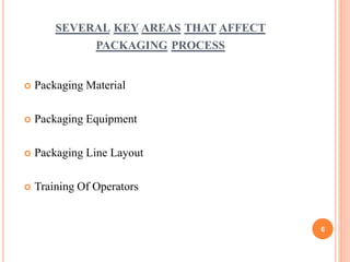 SEVERAL KEY AREAS THAT AFFECT
PACKAGING PROCESS
 Packaging Material
 Packaging Equipment
 Packaging Line Layout
 Training Of Operators
6
 