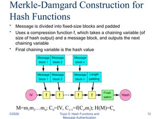 Merkle-Damgard Construction for
Hash Functions
CS526 Topic 5: Hash Functions and
Message Authentication
12
• Message is divided into fixed-size blocks and padded
• Uses a compression function f, which takes a chaining variable (of
size of hash output) and a message block, and outputs the next
chaining variable
• Final chaining variable is the hash value
M=m1m2…mn; C0=IV, Ci+1=f(Ci,mi); H(M)=Cn
 