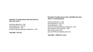 Example 2 A single person with a disability who lives
alone in a rental property: 
Individual allowance = £50

Home allowance = £57.34

Travel allowance = £30

Social & cultural participation allowance = £20

plus Unable to work payment = £65

plus LHA to pay for rent

plus DLA/PIP and disability premiums

 
Total UBI+ = £222.34 or more
Example 1 A single person who lives alone in
their own home: 
Individual allowance = £50

Home allowance = £57.34

Travel allowance = £30

Social & cultural participation allowance = £20

Total UBI = £157.34
 