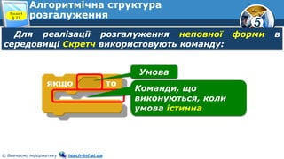 5
© Вивчаємо інформатику teach-inf.at.ua
Алгоритмічна структура
розгалуження
Для реалізації розгалуження неповної форми в
середовищі Скретч використовують команду:
Розділ 4
§ 27
Умова
Команди, що
виконуються, коли
умова істинна
 