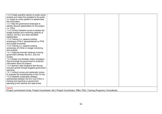 -54-
1.2.2 Create quarterly reports on public works
projects and make this available to the public,
i.e. create an online platform to disseminate
this information.
1.3.1 Map the governance landscape to
identify relevant stakeholders for this project,
i.e. CSOs.
1.3.2 Conduct baseline survey to assess the
budget analysis and monitoring capacity of
citizens, the NLC and other identified
stakeholders.
1.3.3 Training (i.e. capacity building
workshops) of NLC representatives on PFM
and budget processes.
1.3.4 Training (i.e. capacity building
workshops) of CSOs on budget monitoring
and analysis.
1.4.1 Organize townhall meetings involving
government officials, the NLC, and civil
society.
1.4.2 Design and facilitate media campaigns
that encourage the government to publicize
information about its projects.
1.4.3 Sponsor radio programs that discuss
inclusive growth through targeted government
spending
1.5.1 Conduct survey and systematic review
to evaluate the mainstreaming of the FOI Act.
1.5.2 Establish sustainable strategic
partnerships between the NLC and CSOs in
tracking and reporting on government
spending at the national and state levels.
Inputs:
Project commitment funds; Project Coordinator; NLC Project Coordinator; PMU; PSU; Training Programs; Consultants;
 