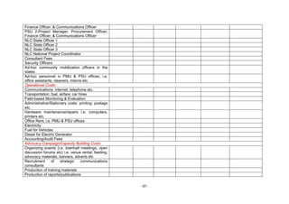 -57-
Finance Officer; & Communications Officer
PSU 2-Project Manager; Procurement Officer;
Finance Officer; & Communications Officer
NLC State Officer 1
NLC State Officer 2
NLC State Officer 3
NLC National Project Coordinator
Consultant Fees
Security Officers
Ad-hoc community mobilization officers in the
states
Ad-hoc personnel in PMU & PSU offices, i.e.
office assistants, cleaners, interns etc.
Operational Costs:
Communications: internet; telephone etc.
Transportation: fuel; airfare; car hires
Field-based Monitoring & Evaluation
Administrative/Stationery costs: printing; postage
etc.
Hardware maintenance/repairs i.e. computers,
printers etc.
Office Rent, i.e. PMU & PSU offices
Electricity
Fuel for Vehicles
Diesel for Electric Generator
Accounting/Audit Fees
Advocacy Campaign/Capacity Building Costs:
Organizing events (i.e. townhall meetings, open
discussion forums etc) i.e. venue rental, feeding;
advocacy materials, banners, adverts etc
Recruitment of strategic communications
consultants
Production of training materials
Production of reports/publications
 