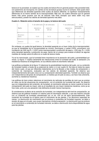 textura en la porosidad, se explicó que los suelos de textura fina en general poseen más porosidad total,
con predominio de microporos. En cambio en los de textura gruesa ocurre lo contrario. Esto quiere decir
que diferencias de densidad aparente entre suelos de textura diferente, no significan necesariamente
diferencias en el mismo sentido de la macroporosidad. Más aún, los suelos arenosos que en general
tienen más poros gruesos que los de texturas más finas (excepto que estos estén muy bien
estructurados), poseen los valores de densidad aparente más altos.

Cuadro 4.- Relación entre el tamaño de la papa y la textura del suelo




Sin embargo, en suelos de igual textura, la densidad aparente es un buen índice de la macroporosidad,
ya que la variabilidad de la microporosidad es mínima. Domínguez y Lazbal (1976), encontraron una
correlación de 0,86 (sig PL < 0,001) entre macroporosidad y producción de papa y - 0,63 (sig, PL < 0,05)
entre densidad aparente y producción de papa, dentro de un ensayo para evaluar el efecto de algunas
medidas de manejo sobre el cultivo en un suelo de textura media.

Ya se ha mencionado, que la humedad tiene importancia en la aereación del suelo y penetrabilidad por
raíces. La figura 11 explica claramente las interacciones entre la humedad del suelo, la aereación y la
resistencia mecánica al arraigamiento, en sus efectos sobre el crecimiento radicular.

Las gráficas punteadas de la figura 13 relacionan la penetrabilidad mecánica del suelo, con su contenido
de humedad medido a través de su potencial de matriz o m (ver cuadro 8). Se trata en todos los casos
del mismo suelo, al que por diferentes tratamientos se le ha llevado a tres niveles de comparación o
contenido de macroporos, evaluados por los valores de densidad aparente. Se observa que
independientemente del suelo crece con su compactación (densidad aparente). También se observa que
con independencia del grado de compactación, a medida que el suelo se seca, y se hace más coherente,
aumenta su resistencia mecánica.

Las gráficas de trazo entero relacionan el crecimiento de radículas de semillas de maíz que se produjo
en cada una de las situaciones de compactación, con el contenido de humedad del suelo. Se observa
que con independencia del contenido, de humedad, el crecimiento radicular es menor cuando el nivel de
compactación del suelo es mayor; esto es el resultado de una mayor resistencia mecánica, como ya se
hizo notar, junto con una aereación más deficiente al existir menos macroporos.

Si consideramos el efecto de la variación de humedad, con independencia del nivel de compactación, se
observa que las gráficas muestran un máximo para el crecimiento radicular, y que ese máximo coincide
con un contenido de humedad caracterizado por un de -100 cm de agua aproximadamente. Este
contenido de humedad es el óptimo para el crecimiento de las plantas, y se denomina capacidad de
campo. La disminución de crecimiento que se produce a contenidos de humedad mayores, se debe a
exceso de agua en el suelo, que ocupa macroporos y limita la aereación. La disminución que se produce
en el crecimiento a contenidos de humedad menores, se debe a disminución de la disponibilidad de agua
para las plantas.
 