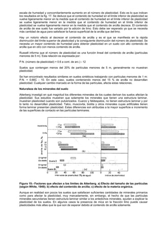 escala de humedad y concomitantemente aumento en el número de plasticidad. Esto es lo que indican
los resultados en la fig. 17. Se deduce que el contenido de humedad en el límite inferior de plasticidad se
vuelve ligeramente menor en la medida que el contenido de humedad en el límite inferior de plasticidad
se vuelve ligeramente menor en la medida que el contenido de humedad en el límite inferior de
plasticidad se vuelve ligeramente menor en la medida que el contenido de arcilla decrece. El contenido
de arcilla de ese suelo fue variado por la adición de limo. Esto debe ser esperado ya que se necesita
más cantidad de agua para satisfacer la fuerza superficial de la arcilla que del limo.

Hay un notorio efecto al decrecer el contenido de arcilla y es el que se manifiesta en la rápida
disminución del límite superior de plasticidad y la consiguiente disminución del número de plasticidad. Se
necesita un mayor contenido de humedad para obtener plasticidad en un suelo con alto contenido de
arcilla que en otro con menos contenido de arcilla.

Russell informa que el número de plasticidad es una función lineal del contenido de arcilla (partículas
menores de 5 m). Esta relación es expresada por:

P.N. (número de plasticidad) = 0.6 a cont. de arc.) - 12

Suelos que contengan menos del 20% de partículas menores de 5 m, generalmente no muestran
plasticidad.

Se han encontrado resultados similares en suelos sintéticos trabajando con partículas menores de 1 m:
P.N. = 0,66C - 10. En este caso, suelos conteniendo menos del 15 % de arcilla no desarrollan
plasticidad. Cualquier cambio marcado en la forma de las partículas, afecta estas relaciones.

Naturaleza de los minerales del suelo

Atterberg investigó en qué magnitud los diferentes minerales de los cuales derivan los suelos afectan la
plasticidad. Sus estudios muestran que solamente los minerales que tienen una estructura laminar,
muestran plasticidad cuando son pulverizados. Cuarzo y feldespatos, no tienen estructura laminar y por
lo tanto no desarrollan plasticidad. Talco, muscovita, biotita y otros minerales cuyas artificiales tienen
forma laminar presentan plasticidad. Estas diferencias son atribuidas a la mayor superficie e incremento
de las superficies de contacto en las partículas laminares.




Figura 19.- Factores que afectan a los límites de Atterberg. a) Efecto del tamaño de las partículas
(según White, 1949); b) efecto del contenido de arcilla; c) efecto de la materia orgánica.

Aunque en realidad son pocos los suelos que satisfacen suficientes cantidades de minerales primarios
como para afectar la plasticidad, muy marcadamente, sin embargo, el hecho de que las partículas
minerales secundarias tienen estructura laminar similar a los antedichos minerales, ayudan a explicar la
plasticidad de los suelos. En algunos casos la presencia de mica en la fracción limo puede causar
plasticidades más altas que la que son de esperar debido al contenido de arcilla solamente.
 