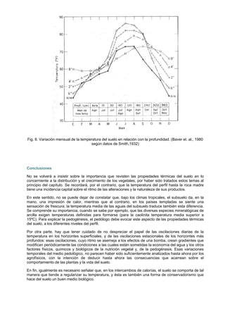 Fig. 8. Variación mensual de la temperatura del suelo en relación con la profundidad. (Baver et. al., 1980
                                     según datos de Smith,1932)




Conclusiones

No se volverá a insistir sobre la importancia que revisten las propiedades térmicas del suelo en lo
concerniente a la distribución y el crecimiento de los vegetales, por haber sido tratados estos temas al
principio del capítulo. Se recordará, por el contrario, que la temperatura del perfil hasta la roca madre
tiene una incidencia capital sobre el ritmo de las alteraciones y la naturaleza de sus productos.

En este sentido, no se puede dejar de constatar que, bajo los climas tropicales, el subsuelo da, en la
mano, una impresión de calor, mientras que al contrario, en los países templadas se siente una
sensación de frescura; la temperatura media de las aguas del subsuelo traduce también esta diferencia.
Se comprende su importancia, cuando se sabe por ejemplo, que las diversas especies mineralógicas de
arcilla exigen temperaturas definidas para formarse (para la caolinita temperatura media superior a
15ºC). Para explicar la pedogénesis, el pedólogo debe evocar este aspecto de las propiedades térmicas
del suelo, a los diferentes niveles del perfil.

Por otra parte, hay que tener cuidado de no despreciar el papel de las oscilaciones diarias de la
temperatura en los horizontes superficiales, y de las oscilaciones estacionales de los horizontes más
profundos: esas oscilaciones, cuyo ritmo se asemeja a los efectos de una bomba, crean gradientes que
modifican periódicamente las condiciones a las cuales están sometidas la economía del agua y los otros
factores físicos, químicos y biológicos de la nutrición vegetal y, de la pedogénesis. Esas variaciones
temporales del medio pedológico, no parecen haber sido suficientemente analizados hasta ahora por los
agrofísicos, con la intención de deducir hasta ahora las consecuencias que acarrean sobre el
comportamiento de las plantas y la vida del suelo.

En fin, igualmente es necesario señalar que, en los intercambios de calorías, el suelo se comporta de tal
manera que tiende a regularizar su temperatura, y ésta es también una forma de conservadorismo que
hace del suelo un buen medio biológico.
 
