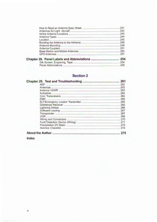 How to Read an Antenna Spec Sheet ................................................... 241
Antennas for Light Aircraft .................................................................... 242
Airline Antenna Locations ...................................................................... 243
Antenna Types ...................................................................................... 244
Location ................................................................................................ 245
Bonding the Antenna to the Airframe ..................................................... 248
Antenna Mounting ................................................................................. 249
Antenna Couplers ................................................................................. 251
Base Station and Mobile Antennas ........................................................ 252
GPSAntennas ...................................................................................... 251
Chapter 28. Panel Labels and Abbreviations ................................ 254
Silk Screen, Engraving, Tape ................................................................ 254
Panel Abbreviations .............................................................................. 255
Section 3
Chapter 29. Test and Troubleshooting .......................................... 261
ADF ...................................................................................................... 262
Antennas .............................................................................................. 263
Antenna VSWR .................................................................................... 263
Autopilots .............................................................................................. 264
Com Transceivers ................................................................................. 264
DME ..................................................................................................... 265
ELT-Emergency Locator Transmitter ..................................................... 266
Glideslope Receiver.............................................................................. 266
Lightning Strikes ................................................................................... 266
Software Loading .................................................................................. 267
Transponder ......................................................................................... 267
VOR ..................................................................................................... 268
Wiring and Connectors ......................................................................... 270
Fault Detection Device (Wiring) ............................................................ 271
Precipitation (P) Static .......................................................................... 273
Avionics Checklist ................................................................................. 274
About the Author ............................................................................. 275
Index
X
 