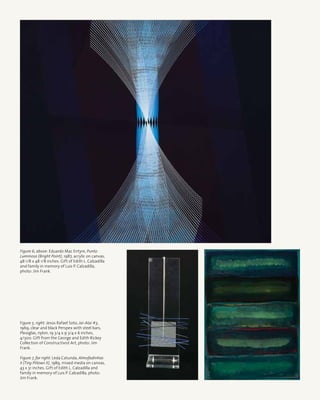 Figure 5, right: Jesús Rafael Soto, Jai-Alai #3,
1969, clear and black Perspex with steel bars,
Plexiglas, nylon, 19 3/4 x 9 3/4 x 6 inches,
4/300. Gift from the George and Edith Rickey
Collection of Constructivist Art, photo: Jim
Frank.
Figure 7, far right: Leda Catunda, Almofadinhas
II (Tiny Pillows II), 1989, mixed media on canvas,
43 x 31 inches. Gift of Edith L. Calzadilla and
family in memory of Luis P. Calzadilla, photo:
Jim Frank.
Figure 6, above: Eduardo Mac Entyre, Punto
Luminoso (Bright Point), 1987, acrylic on canvas,
48 1/8 x 48 1/8 inches. Gift of Edith L. Calzadilla
and family in memory of Luis P. Calzadilla,
photo: Jim Frank.
 