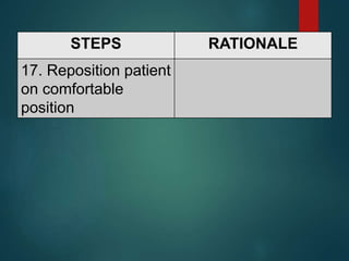 STEPS RATIONALE
17. Reposition patient
on comfortable
position
 