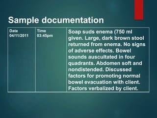 Sample documentation
Date
04/11/2011
Time
03:45pm
Soap suds enema (750 ml
given. Large, dark brown stool
returned from enema. No signs
of adverse effects. Bowel
sounds auscultated in four
quadrants. Abdomen soft and
nondistended. Discussed
factors for promoting normal
bowel evacuation with client.
Factors verbalized by client.
 