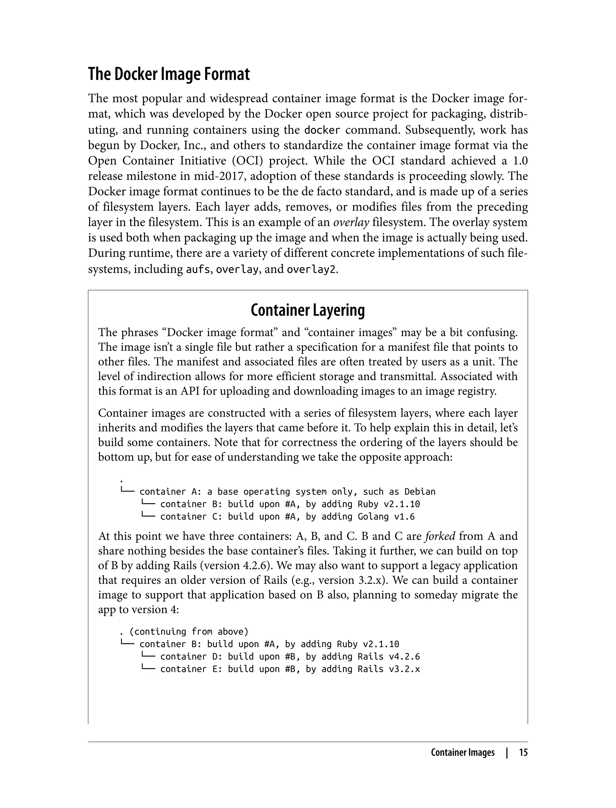 The Docker Image Format
The most popular and widespread container image format is the Docker image for‐
mat, which was developed by the Docker open source project for packaging, distrib‐
uting, and running containers using the docker command. Subsequently, work has
begun by Docker, Inc., and others to standardize the container image format via the
Open Container Initiative (OCI) project. While the OCI standard achieved a 1.0
release milestone in mid-2017, adoption of these standards is proceeding slowly. The
Docker image format continues to be the de facto standard, and is made up of a series
of filesystem layers. Each layer adds, removes, or modifies files from the preceding
layer in the filesystem. This is an example of an overlay filesystem. The overlay system
is used both when packaging up the image and when the image is actually being used.
During runtime, there are a variety of different concrete implementations of such file‐
systems, including aufs, overlay, and overlay2.
Container Layering
The phrases “Docker image format” and “container images” may be a bit confusing.
The image isn’t a single file but rather a specification for a manifest file that points to
other files. The manifest and associated files are often treated by users as a unit. The
level of indirection allows for more efficient storage and transmittal. Associated with
this format is an API for uploading and downloading images to an image registry.
Container images are constructed with a series of filesystem layers, where each layer
inherits and modifies the layers that came before it. To help explain this in detail, let’s
build some containers. Note that for correctness the ordering of the layers should be
bottom up, but for ease of understanding we take the opposite approach:
.
└── container A: a base operating system only, such as Debian
└── container B: build upon #A, by adding Ruby v2.1.10
└── container C: build upon #A, by adding Golang v1.6
At this point we have three containers: A, B, and C. B and C are forked from A and
share nothing besides the base container’s files. Taking it further, we can build on top
of B by adding Rails (version 4.2.6). We may also want to support a legacy application
that requires an older version of Rails (e.g., version 3.2.x). We can build a container
image to support that application based on B also, planning to someday migrate the
app to version 4:
. (continuing from above)
└── container B: build upon #A, by adding Ruby v2.1.10
└── container D: build upon #B, by adding Rails v4.2.6
└── container E: build upon #B, by adding Rails v3.2.x
Container Images | 15
 