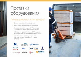 Поставки
оборудования
Почему работать с нами выгодно?
– Прямые поставки от производителя.
– Новое и восстановленное оборудование.
– Поставка комплектующих и ЗИП со склада
в Европе и России, более 10 000 позиций.
– Соблюдение сроков поставки. В 76% случаев
мы производим оборудорвание раньше срока.
– Гарантия на всю продукцию до 5 лет.
При этом уровень цен на 10-15% ниже
средне рыночных.
 