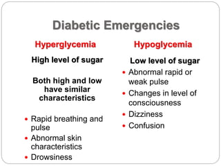 Diabetic Emergencies
Hyperglycemia Hypoglycemia
High level of sugar
Both high and low
have similar
characteristics
 Rapid breathing and
pulse
 Abnormal skin
characteristics
 Drowsiness
Low level of sugar
 Abnormal rapid or
weak pulse
 Changes in level of
consciousness
 Dizziness
 Confusion
 