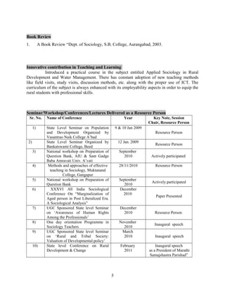 Book Review
1. A Book Review “Dept. of Sociology, S.B. College, Aurangabad, 2003.
Innovative contribution in Teaching and Learning
Introduced a practical course in the subject entitled Applied Sociology in Rural
Development and Water Management. There has constant adoption of new teaching methods
like field visits, study visits, discussion methods, etc. along with the proper use of ICT. The
curriculum of the subject is always enhanced with its employability aspects in order to equip the
rural students with professional skills.
Seminar/Workshop/Conferences/Lectures Delivered as a Resource Person
Sr. No. Name of Conference Year Key Note, Session
Chair, Resource Person
1) State Level Seminar on Population
and Development Organized by
Vasantrao Naik College A’bad
9 & 10 Jan 2009
Resource Person
2) State Level Seminar Organized by
Bankatswami College, Beed
12 Jan. 2009
Resource Person
3) National workshop on Preparation of
Question Bank, AIU & Sant Gadge
Baba Amravati Univ. A’vati
September
2010 Actively participated
4) Methods and approaches of effective
teaching in Sociology, Muktanand
College, Gangapur
28/11/2010 Resource Person
5) National workshop on Preparation of
Question Bank
September
2010
Actively participated
6) XXXVI All India Sociological
Conference On “Marginalization of
Aged person in Post Liberalized Era.
A Sociological Analysis”
December
2010
Paper Presented
7) UGC Sponsored State level Seminar
on ‘Awareness of Human Rights
Among the Professionals’
December
2010 Resource Person
8) One day orientation Programme in
Sociology Teachers
November
2010
Inaugural speech
9) UGC Sponsored State level Seminar
on ‘Rural and Tribal Society:
Valuation of Developmental policy’
March
2010 Inaugural speech
10) State level Conference on Rural
Development & Change
February
2011
Inaugural speech
as a President of Marathi
Samajshastra Parishad”
5
 