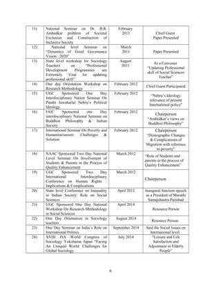 11) National Seminar on Dr. B.R.
Ambedkar problem of Societal
Exclusion and Construction of
Inclusive Society
February
2011 Chief Guest
Paper Presented
12) National level Seminar on
“Dynamics of Good Governance
Vision : 2020”
March
2011 Paper Presented
13) State level workshop for Sociology
Teachers on “Professional
Development Programmes are
Extremely Vital for updating
professional skill”
August
2011
As a Convener
“Updating Professional
skill of Social Sciences
Teacher”
14) One day Orientation Workshop on
Research Methodology
February 2012
Chief Guest Participated
15) UGC Sponsored One Day
Interdisciplinary Nation Seminar On
Pandit Jawaharlal Nehru’s Political
Ideology
February 2012
“Nehru’s Ideology
relevance of present
International policy”
16) UGC Sponsored one Day
interdisciplinary National Seminar on
Buddhist Philosophy & Indian
Society
February 2012
Chairperson
“Ambedkar’s views on
Buddhist Philosophy”
17) International Seminar On Poverty and
Humanitarianism: Challenges &
Solution
February 2012 Chairperson
“Demographic Changes
& Complications of
Migration with reference
to poverty”
18) NAAC Sponsored Two Day National
Level Seminar On Involvement of
Students & Parents in the Process of
Quality Enhancement
March 2012
“Role of Students and
parents in the process of
Quality Enhancement”
19) UGC Sponsored Two Day
International Interdisciplinary
Conference on Human Rights :
Implications & Complications
March 2012
Chairperson
20) State level Conference on Inequality
in Indian Society: Role on Social
Sciences
April 2012 Inaugural function speech
as a President of Marathi
Samajshastra Parishad
21) UGC Sponsored One Day National
Workshop On Research Methodology
in Social Sciences
April 2014
Resource Person
22) One Day Orientation in Sociology
teachers
August 2014
Resource Person
23) One Day Seminar on India’s Role on
International Politics
September 2014 Saul the Social Issues on
International level
24) XVIII ISA World Congress of
Sociology Yokohama Japan “Facing
An Unequal World: Challenges for
Global Sociology
July 2014 “Leisure and Life
Satisfaction and
Adjustment in Elderly
People”
6
 