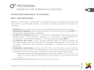 |Asociación Internacional de Coaching y Psicología - Escuela Integrativa de Coaching y Psicología
PROGRAMA
Máster en Life & Business Coaching
CERTIFICACIÓN INTERNACIONAL “LIFE COACHING”
Nivel 1 – Bases del Coaching
Objetivo: comprender y aprehender los fundamentos de la metodología del coaching
conociendo sus principales fuentes y viviendo en primera persona un proceso de
coaching.
•  Workshop: para el adecuado uso de las herramientas propias del Life coaching.
•  Fundamentos filosóficos del enfoque integrativo de coaching y psicología EICP™: su
antropología, epistemología y ontología.
•  Escuelas de coaching, definiciones, estructuras y herramientas para el life coaching:
Sudamericana u “Ontológica”; europea o “Humanista”; Norteamericana o
“Pragmática” y el enfoque “Integrativo” de coaching y psicología EICP™.
•  “La persona del coach” como recurso principal para la óptima relación de
coaching: inicio del proceso de coaching individual (siete sesiones) de la mano de
un coach certificado, para fortalecer, desarrollar y modelar las competencias
esperadas.
•  Fundamentos Transversales: Escuelas de Palo Alto y psicodinámica para estudiar el
proceso de comunicación y las herramientas clave para la práctica adecuada del
coaching. Escuela Humanista para dotar de contexto a los diferentes procesos.
•  Nociones básicas de psicopatología Vs conducta normal: para el adecuado
ejercicio del coaching en interconsulta con psicólogos y otros profesionales de
la salud.
•  Herramientas de valoración para procesos de life coaching.
11
 