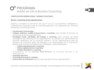 |Asociación Internacional de Coaching y Psicología - Escuela Integrativa de Coaching y Psicología
PROGRAMA
Máster en Life & Business Coaching
CERTIFICACIÓN INTERNACIONAL “BUSINESS COACHING”
Nivel 3 – Coaching en las organizaciones
Objetivo: completar la formación del coach con los conocimientos, habilidades y
competencias necesarios para el coaching aplicado a las organizaciones. Prácticas
de Business coaching (60 horas)
•  Fundamentos Transversales:
•  enfoque sistémico, análisis transaccional y coaching: para estudiar el proceso de
comunicación en las organizaciones.
•  Psicología social, psicología del trabajo y coaching: para conocer las bases
psicológicas del coaching en las organizaciones, se analizan con detenimiento los
procesos específicos de la conducta laboral y de las organizaciones para los
procesos de coaching: estilos de liderazgo y sus implicaciones en la motivación,
gestión de emociones, competencias, habilidades y responsabilidades.
•  Cultura organizacional y coaching.
•  Clima organizacional y coaching.
•  Gestión del talento y coaching.
•  Aportaciones de las ciencias administrativas al coaching aplicado a las
organizaciones.
•  Coaching ejecutivo.
•  Coaching para grupos y equipos.
•  Instrumentos de valoración para el coaching dentro de las organizaciones.
13
 