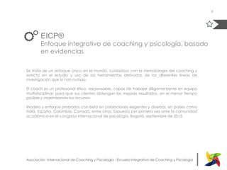 |Asociación Internacional de Coaching y Psicología - Escuela Integrativa de Coaching y Psicología
EICP®
Enfoque integrativo de coaching y psicología, basado
en evidencias
Se trata de un enfoque único en el mundo, cuidadoso con la metodología del coaching y
estricto en el estudio y uso de las herramientas derivadas de las diferentes líneas de
investigación que lo han nutrido.
El coach es un profesional ético, responsable, capaz de trabajar diligentemente en equipo
multidisciplinar, para que sus clientes obtengan los mejores resultados, en el menor tiempo
posible y maximizando los recursos.
Modelo y enfoque probados con éxito en poblaciones exigentes y diversas, en países como
Italia, España, Colombia, Canadá, entre otros. Expuesto por primera vez ante la comunidad
académica en el congreso internacional de psicología, Bogotá, septiembre de 2013.
8
 