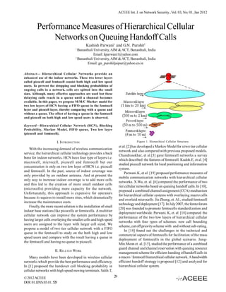 ACEEE Int. J. on Network Security , Vol. 03, No. 01, Jan 2012



         Performance Measures of Hierarchical Cellular
              Networks on Queuing Handoff Calls
                                              Kashish Parwani1 and G.N. Purohit2
                                      1
                                        Banasthali University, AIM & ACT, Banasthali, India
                                                   Email: kparwani1@yahoo.com
                                      2
                                        Banasthali University, AIM & ACT, Banasthali, India
                                              Email: gn_purohitjaipur@yahoo.co.in

Abstract— Hierarchical Cellular Networks provide an
enhanced use of the indoor networks. These two lower layers
called picocell and femtocell consist both high and low speed
users. To prevent the dropping and blocking probabilities of
ongoing calls in a network, cells are spitted into the small
sizes. Although, many effective approaches are used but these
delaying calls reach in a queue until a channel becomes
available. In this paper, we propose M/M/C Markov model for
two low layers of HCN having a FIFO queue in the femtocell
layer and picocell layer, thereby comparing with a queue and
without a queue. The effect of having a queue in the femtocell
and picocell on both high and low speed users is observed.

Keyword—Hierarchical Cellular Network (HCN), Blocking
Probability, Markov Model, FIFO queue, Two low layer
(picocell and femtocell).

                        I. INTRODUCTION                                               Figure 1. Hierarchical Cellular Structure.
                                                                          et al. [2] has developed a Markov Model for a two tier cellular
    With the increasing demand of wireless communication
                                                                          network and also compared with previous proposed models.
service, the hierarchical cellular technology provides a back
                                                                          Chandrasekhar, et al.[3] gave femtocell networks a survey
bone for indoor networks. HCN have four type of layers i.e.
                                                                          which described the features of femtocell. Kudoh.E, et al. [4]
macrocell, microcell, picocell and femtocell but our
                                                                          studied picocell network for local positioning and information
concentration is only on two low layer of HCN i.e. picocell
                                                                          system.
and femtocell. In the past, source of indoor coverage was
                                                                              Parwani.K, et al. [19] proposed performance measures of
only provided by an outdoor antenna. And at present the
                                                                          mobile communication networks with hierarchical cellular
only way to increase indoor coverage is to add more cells
                                                                          networks. X.Wu, et. al. [6] compared the performance of two
and this led to the creation of more small outdoor cells
                                                                          tier cellular networks based on queuing handoff calls. In [10],
(microcells) providing more capacity for the network.
                                                                          proposed a combined channel assignment (CCA) mechanism
Unfortunately, this approach is expensive for operators
                                                                          for hierarchical cellular systems with overlaying macro cells
because it requires to install more sites, which dramatically
                                                                          and overlaid microcells. Jie Zhang, et. Al., studied femtocell
increase the maintenance costs.
                                                                          technology and deployment [17]. In July 2007, the femto forum
    Finally, the more recent solution is the installation of small
                                                                          [20] was founded to promote femtocells standardization and
indoor base stations like picocells or femtocells. A multitier
                                                                          deployment worldwide. Parwani. K, et. al. [18] compared the
cellular network can improve the system performance by
                                                                          performance of the two low layers of hierarchical cellular
having larger cells overlaying the smaller cells and high speed
                                                                          networks with four types of schemes: new call bounding
users are assigned to the layer with larger cell sized. We
                                                                          scheme, cut off priority scheme with and without sub-rating.
propose a model of two tier cellular network with a FIFO
                                                                              In [14] found out the challenges in the technical and
queue in the femtocell to study on the both high and low
                                                                          commercial aspects of femtocells for facilitation of the mass
speed users and compare with the result having a queue in
                                                                          deployment of femtocells in the global scenario. Jung-
the femtocell and having no queue in picocell.
                                                                          Min.Moon et. al. [15], studied the performance of a combined
                                                                          guard channel and channel reservation with queuing resource
                       II. RELETED WORK
                                                                          management scheme for efficient handing of handoff calls in
    Many models have been developed in wireless cellular                  a macro / femtocell hierarchical cellular network. A bandwidth
networks which provide the best performance and efficiency.               efficient handoff strategy is proposed [12] and analyzed for
In [1] proposed the handover call blocking probability in                 hierarchical cellular system.
cellular networks with high speed moving terminals. Salih.T,
© 2012 ACEEE                                                         29
DOI: 01.IJNS.03.01. 528
 