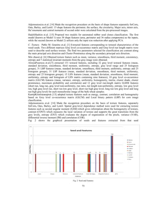 Adjemoutouiza et.al. [14] Made the recognition procedure on the basis of shape features separately forCorn,
Oats, Barley, and Lentil. 15 shape features the perimeter, the surface, the circularity, Major axis, minor axis,
Hu’smoments and central moments of second order were calculated from the pre-processed images.
HadzliHashim et.al. [15] Proposed two models for automated rubber seed clones classification. The first
model (known as Model 1) uses 38 shape features (area, perimeter and 36 radius components) as the inputs,
while the second (known as Model 2) utilizes only the input size reduction after applying PCA.
C. Texture. Pablo M. Granitto et.al. [1] Extracted features corresponding to textural characteristics of the
weed seeds. Two different matrices Gray level co-occurrence matrix and Gray level run length matrix were
used to describe seed surface texture. The final two parameters selected for classification are contrast along
the main principal axis direction and Cluster Prominence along the secondary principal axis direction.
Min zhaoet.al. [6] Obtained texture feature such as mean, variance, smoothness, third moment, consistency,
entropy and 7 statistical invariant moments from the gray image were obtained.
AlirezaPourreza et.al.[7] extracted 131 textural features, including 32 gray level textural features (mean,
standard deviation, smoothness, third moment, uniformity, entropy, gray level range and 25 histogram
groups), 31 LBP features (mean, standard deviation, smoothness, third moment, uniformity, entropy and 25
histogram groups), 31 LSP features (mean, standard deviation, smoothness, third moment, uniformity,
entropy and 25 histogram groups), 15 LSN features (mean, standard deviation, smoothness, third moment,
uniformity, entropy and histogram of LSN matrix containing nine features), 10 gray level co-occurrence
matrix (GLCM) features (mean, variance, entropy, uniformity, homogeneity, inertia, cluster shade, cluster
prominence, maximum probability and correlation) and 12 gray level run-length matrix GLRM features
(short run, long run, gray level non-uniformity, run ratio, run length non-uniformity, entropy, low gray level
run, high gray level run, short run low gray level, short run high gray level, long run low gray level and long
run high gray level) for each monochrome image of the bulk wheat samples.
KantipKiratiratanapruk [13] adopted texture features such as energy, contrast, correlation and homogeneity
based on Grey level co-occurrence matrix (GLCM) and Local binary pattern (LBP) for corn image
classification.
Adjemoutouiza et.al. [14] Made the recognition procedure on the basis of texture features, separately
forCorn, Oats, Barley, and Lentil. Spatial gray-level dependence method were used for extracting texture
features such as second angular moment (SAM) which gives information about the homogeneity of texture,
contrast (CONT) which measures the local variation of texture and supports the great transitions from the
grey levels, entropy (ENT) which evaluates the degree of organization of the pixels, variance (VAR),
differential inverse moment (IM) and correlation (COR).
Fig: 2 shows the graphical presentation of seeds and features extracted from that seed

Fig. 2: Seed and Features

75

 
